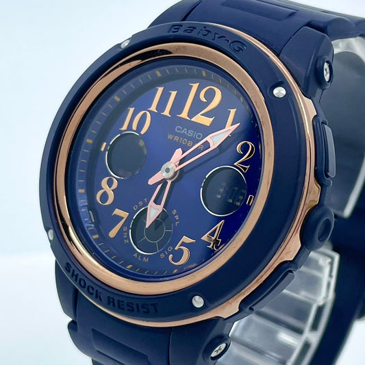 【電池交換済／稼働品】CASIO Baby-G カシオ ベビーG レディース 腕時計 BGA-150PG ネイビー ローズゴールド アナデジ 耐衝撃構造 10気圧防水 ワールドタイム アラーム ストップウォッチ カジュアル スポーティ クリーニング済 G6