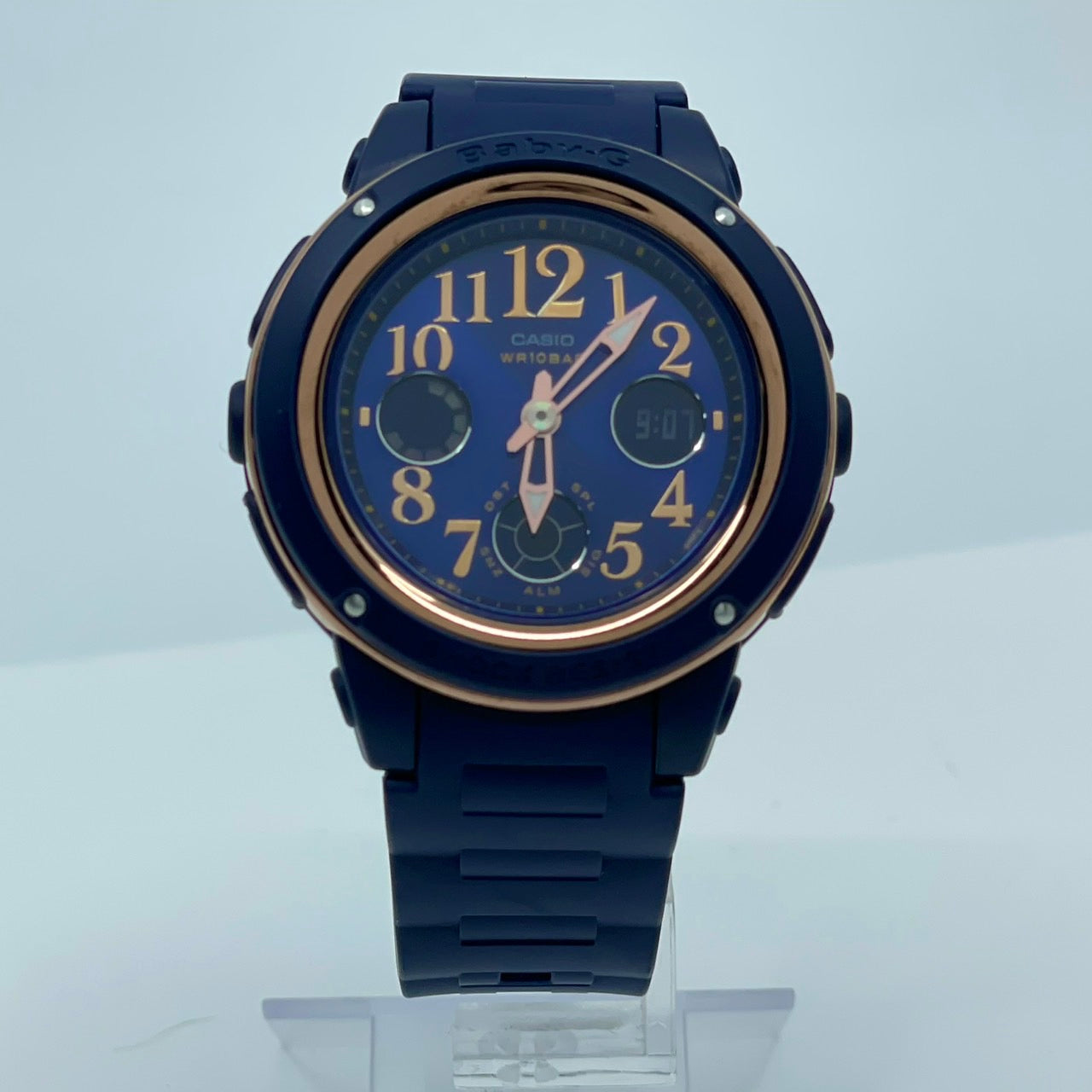 【電池交換済／稼働品】CASIO Baby-G カシオ ベビーG レディース 腕時計 BGA-150PG ネイビー ローズゴールド アナデジ 耐衝撃構造 10気圧防水 ワールドタイム アラーム ストップウォッチ カジュアル スポーティ クリーニング済 G6