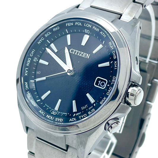 【稼働品】CITIZEN シチズン メンズ 腕時計 エコドライブ 電波ソーラー H149-S118921 ワールドタイム ネイビー文字盤 シルバー 多機能 ビジネス スタイリッシュ アナログ 10気圧防水 パーペチュアルカレンダー クリーニング済 G6