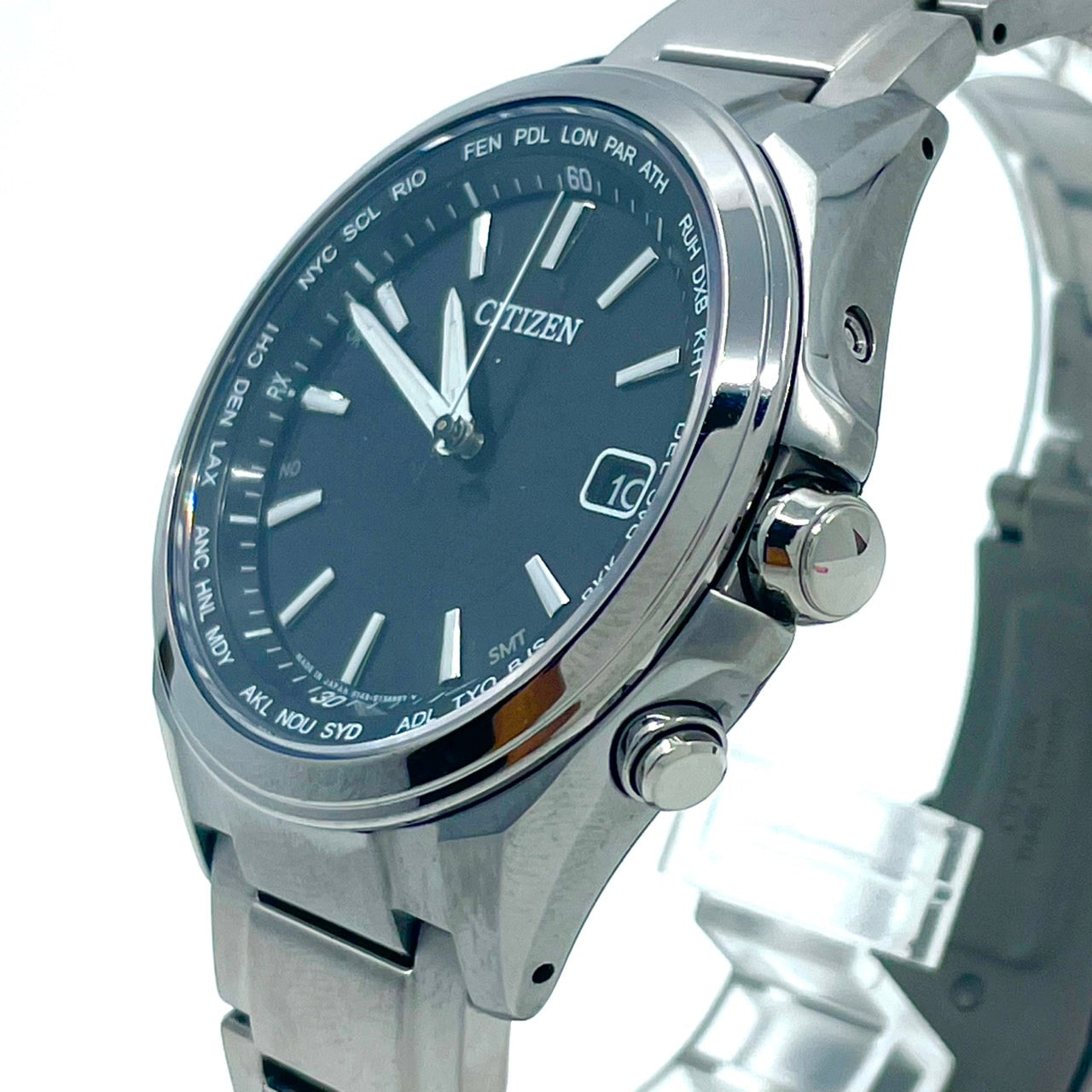 【稼働品】CITIZEN シチズン メンズ 腕時計 エコドライブ 電波ソーラー H149-S118921 ワールドタイム ネイビー文字盤 シルバー 多機能 ビジネス スタイリッシュ アナログ 10気圧防水 パーペチュアルカレンダー クリーニング済 G6