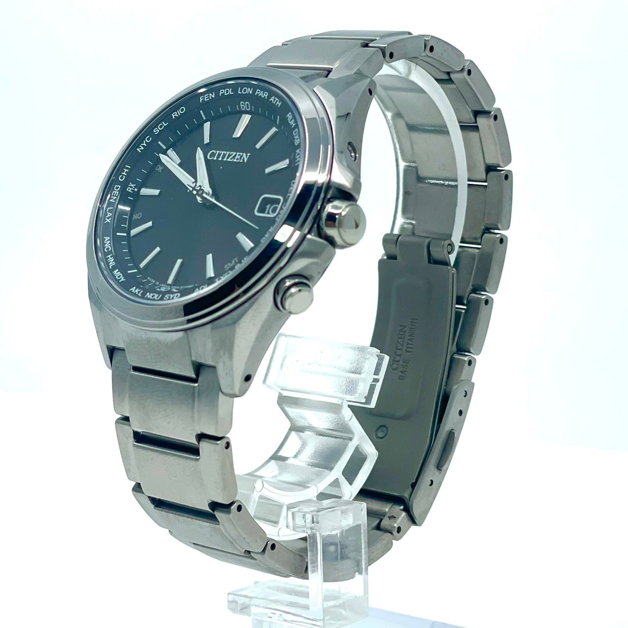 【稼働品】CITIZEN シチズン メンズ 腕時計 エコドライブ 電波ソーラー H149-S118921 ワールドタイム ネイビー文字盤 シルバー 多機能 ビジネス スタイリッシュ アナログ 10気圧防水 パーペチュアルカレンダー クリーニング済 G6