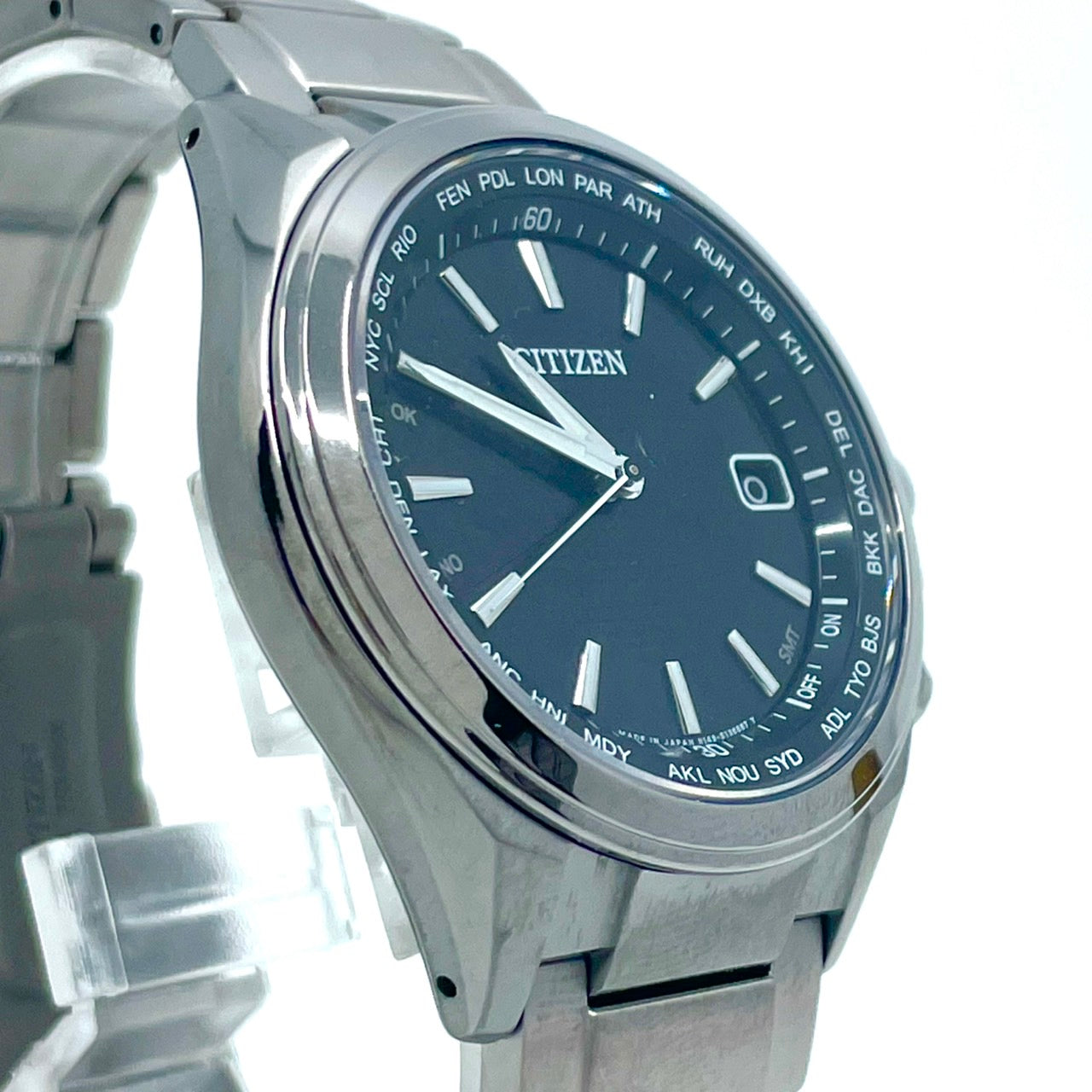 【稼働品】CITIZEN シチズン メンズ 腕時計 エコドライブ 電波ソーラー H149-S118921 ワールドタイム ネイビー文字盤 シルバー 多機能 ビジネス スタイリッシュ アナログ 10気圧防水 パーペチュアルカレンダー クリーニング済 G6