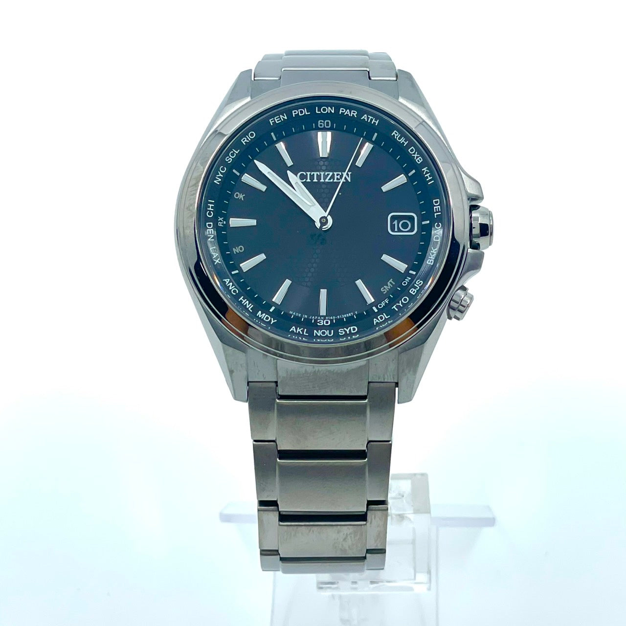 【稼働品】CITIZEN シチズン メンズ 腕時計 エコドライブ 電波ソーラー H149-S118921 ワールドタイム ネイビー文字盤 シルバー 多機能 ビジネス スタイリッシュ アナログ 10気圧防水 パーペチュアルカレンダー クリーニング済 G6