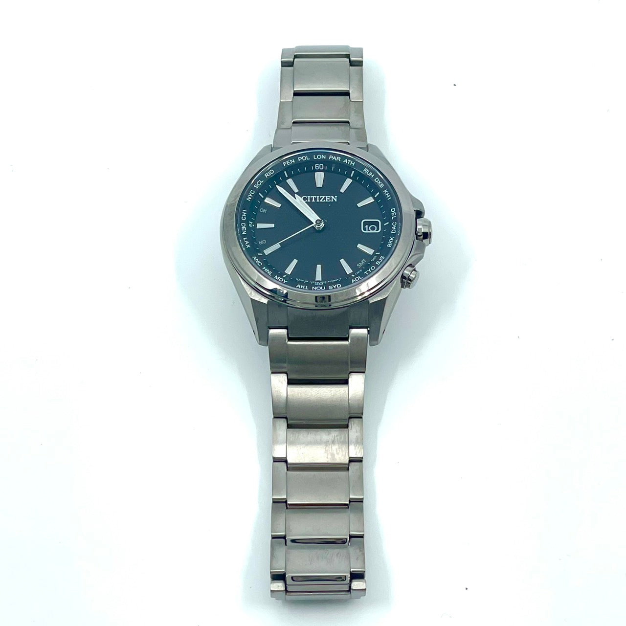 【稼働品】CITIZEN シチズン メンズ 腕時計 エコドライブ 電波ソーラー H149-S118921 ワールドタイム ネイビー文字盤 シルバー 多機能 ビジネス スタイリッシュ アナログ 10気圧防水 パーペチュアルカレンダー クリーニング済 G6