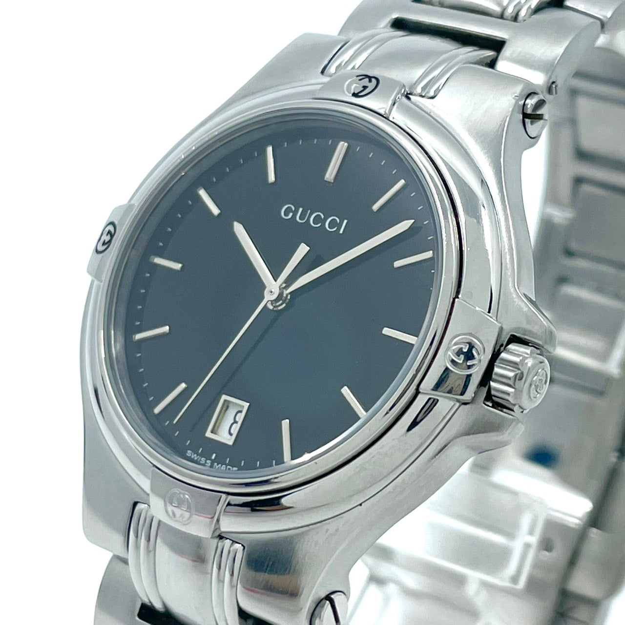 【電池交換済/稼働品】GUCCI グッチ 9040M メンズ 腕時計 シルバー ブラック文字盤 デイト表示 ラウンド Gロゴベゼル クオーツ アナログ スイス製 エレガント クラシック ビジネス ドレスウォッチ クリーニング済 G6 ヴィンテージ