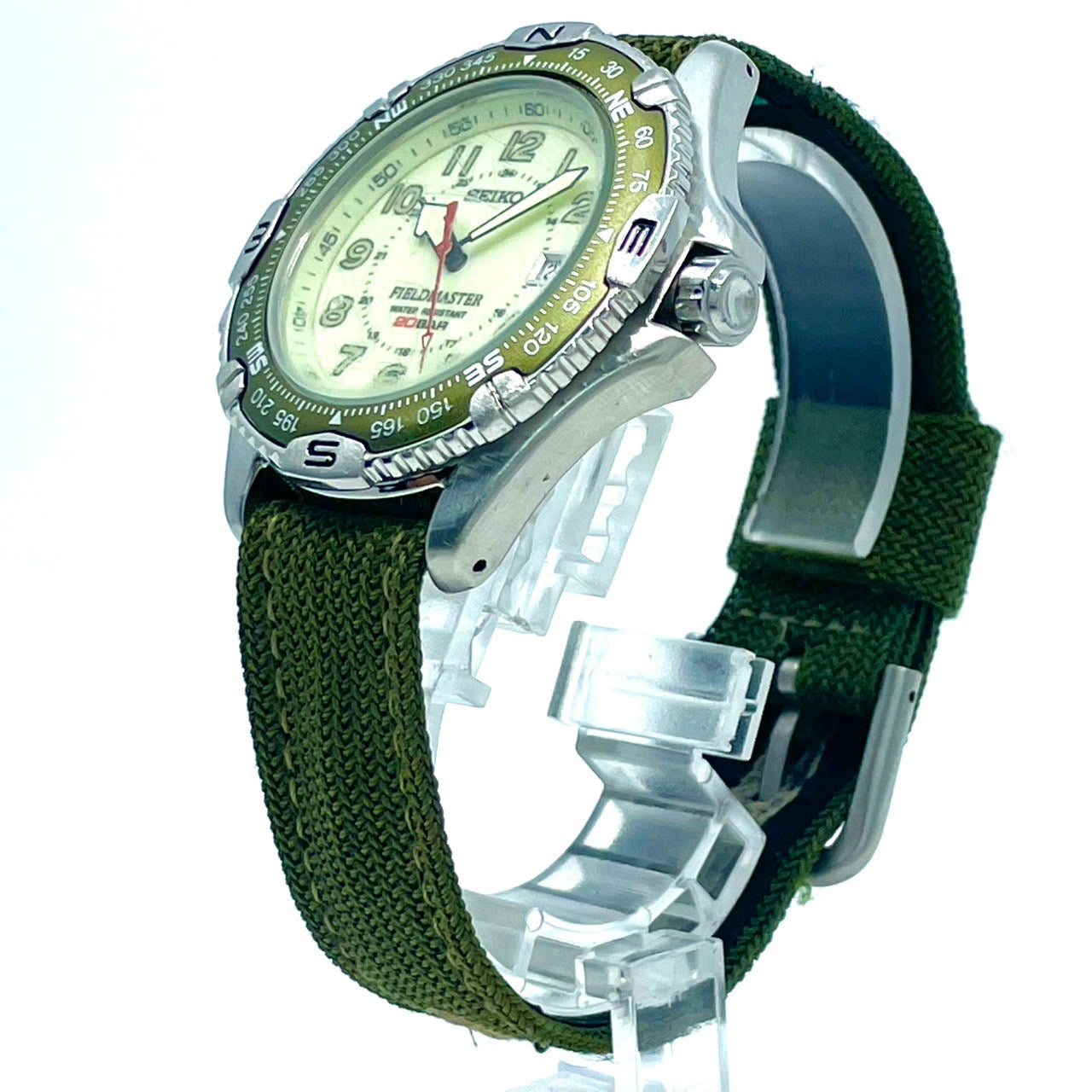 【電池交換済／稼働品】SEIKO セイコー FIELD MASTER フィールドマスター 7N35-6090 メンズ 腕時計 20BAR防水 方位磁針ベゼル ミリタリーウォッチ アウトドア カーキ グリーン クオーツ アナログ ビンテージ クリーニング済 G6