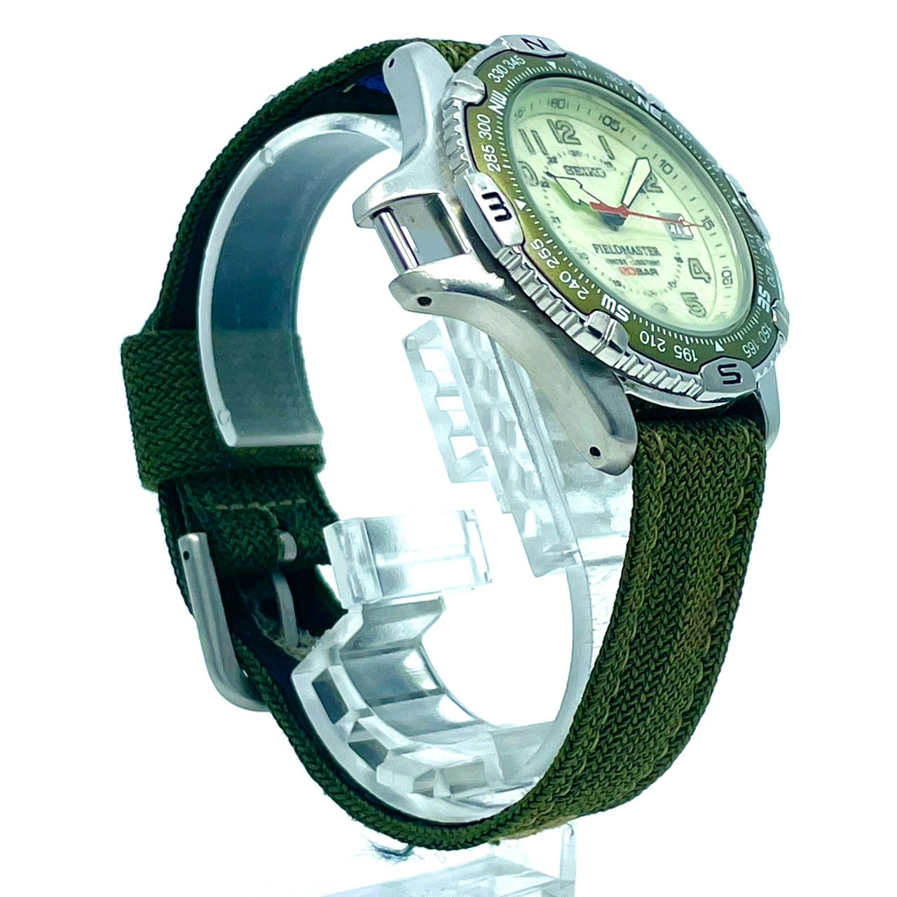 【電池交換済／稼働品】SEIKO セイコー FIELD MASTER フィールドマスター 7N35-6090 メンズ 腕時計 20BAR防水 方位磁針ベゼル ミリタリーウォッチ アウトドア カーキ グリーン クオーツ アナログ ビンテージ クリーニング済 G6