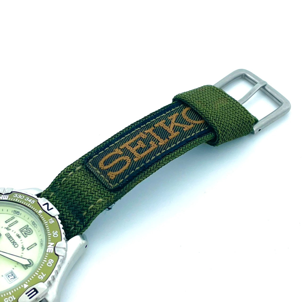 【電池交換済／稼働品】SEIKO セイコー FIELD MASTER フィールドマスター 7N35-6090 メンズ 腕時計 20BAR防水 方位磁針ベゼル ミリタリーウォッチ アウトドア カーキ グリーン クオーツ アナログ ビンテージ クリーニング済 G6