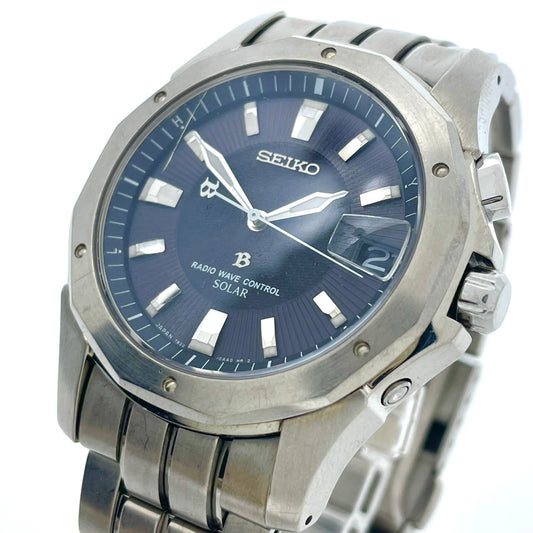 【稼働品】SEIKO BRIGHTZ セイコー ブライツ メンズ 腕時計 7B22-0AC0 電波ソーラー チタン ネイビー文字盤 シルバー 軽量 多機能 デイト ビジネス スタイリッシュ アナログ パーペチュアルカレンダー ワールドタイム 10気圧防水 G6