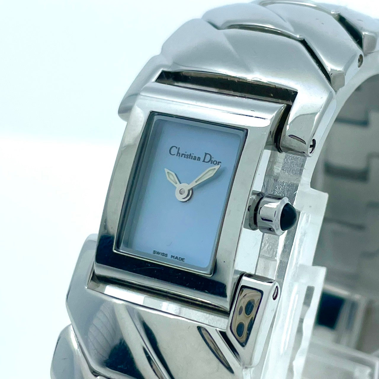 【稼働/美品】クリスチャンディオール 腕時計 D72-100 レディースウォッチ スクエア シルバー アイスブルー文字盤 クォーツ ブレスレットウォッチ エレガント ドレスウォッチ クラシック スイス製 高級ブランドウォッチ クリーニング済 G6