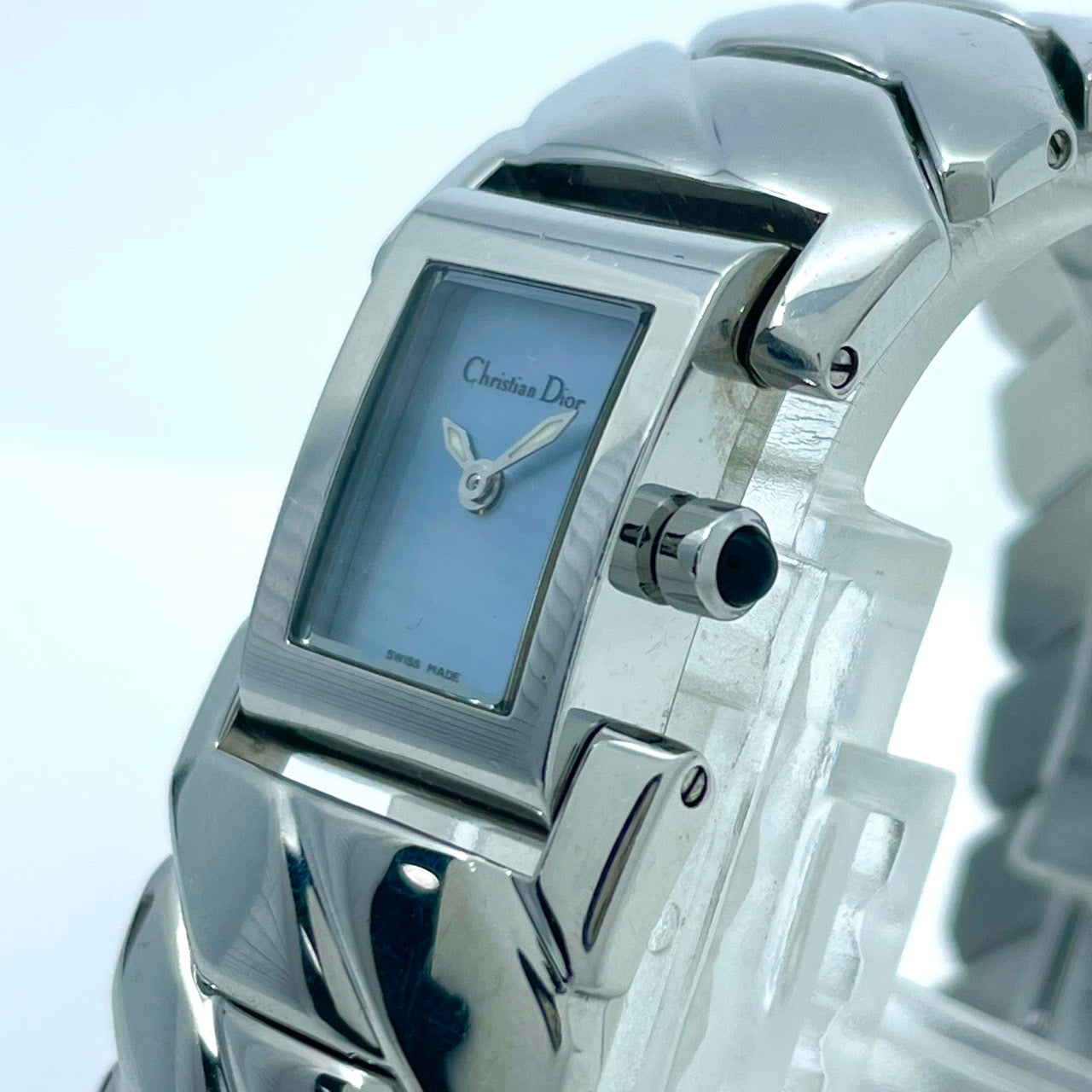 【稼働/美品】クリスチャンディオール 腕時計 D72-100 レディースウォッチ スクエア シルバー アイスブルー文字盤 クォーツ ブレスレットウォッチ エレガント ドレスウォッチ クラシック スイス製 高級ブランドウォッチ クリーニング済 G6