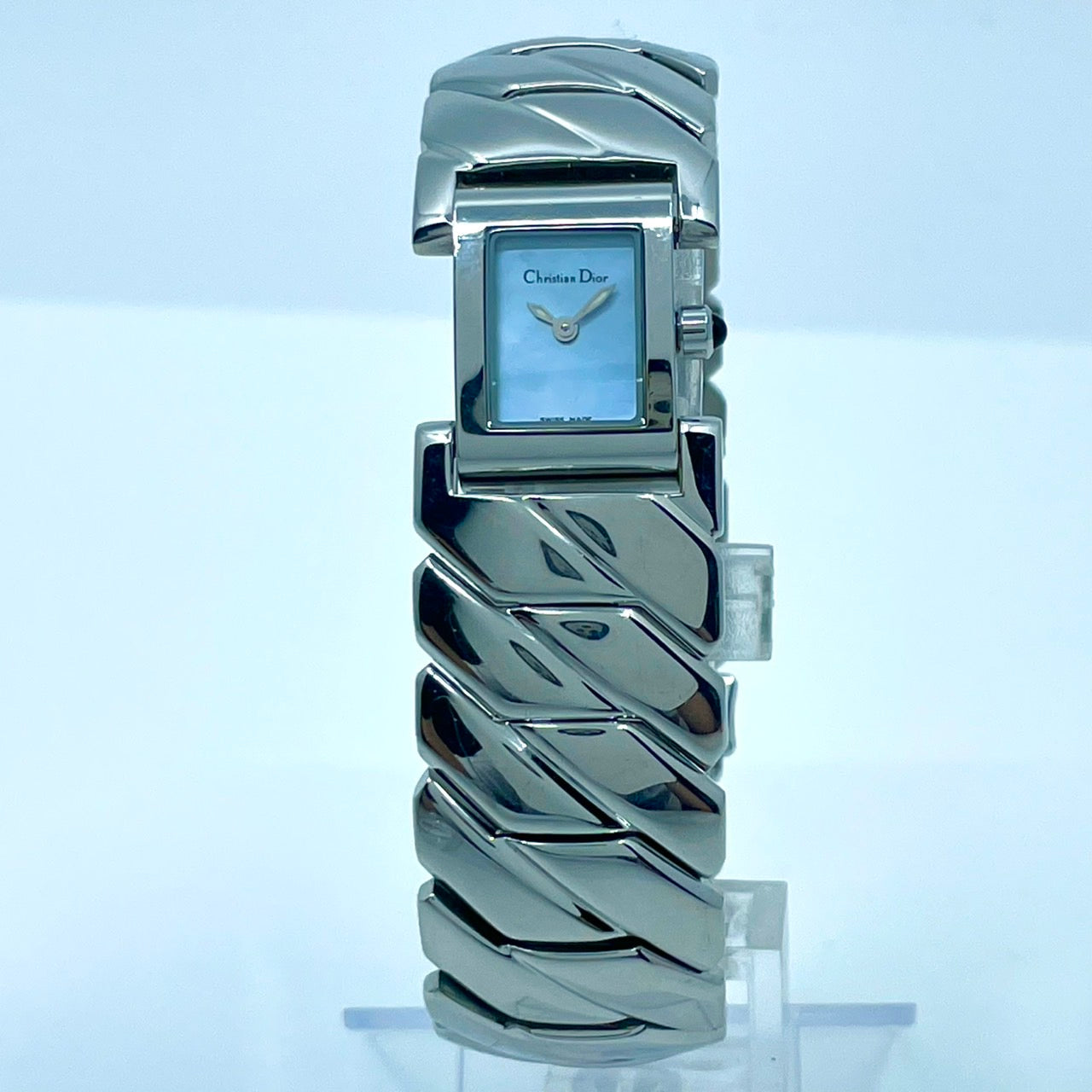 【稼働/美品】クリスチャンディオール 腕時計 D72-100 レディースウォッチ スクエア シルバー アイスブルー文字盤 クォーツ ブレスレットウォッチ エレガント ドレスウォッチ クラシック スイス製 高級ブランドウォッチ クリーニング済 G6