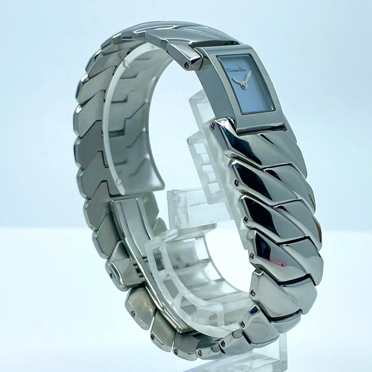 【稼働/美品】クリスチャンディオール 腕時計 D72-100 レディースウォッチ スクエア シルバー アイスブルー文字盤 クォーツ ブレスレットウォッチ エレガント ドレスウォッチ クラシック スイス製 高級ブランドウォッチ クリーニング済 G6
