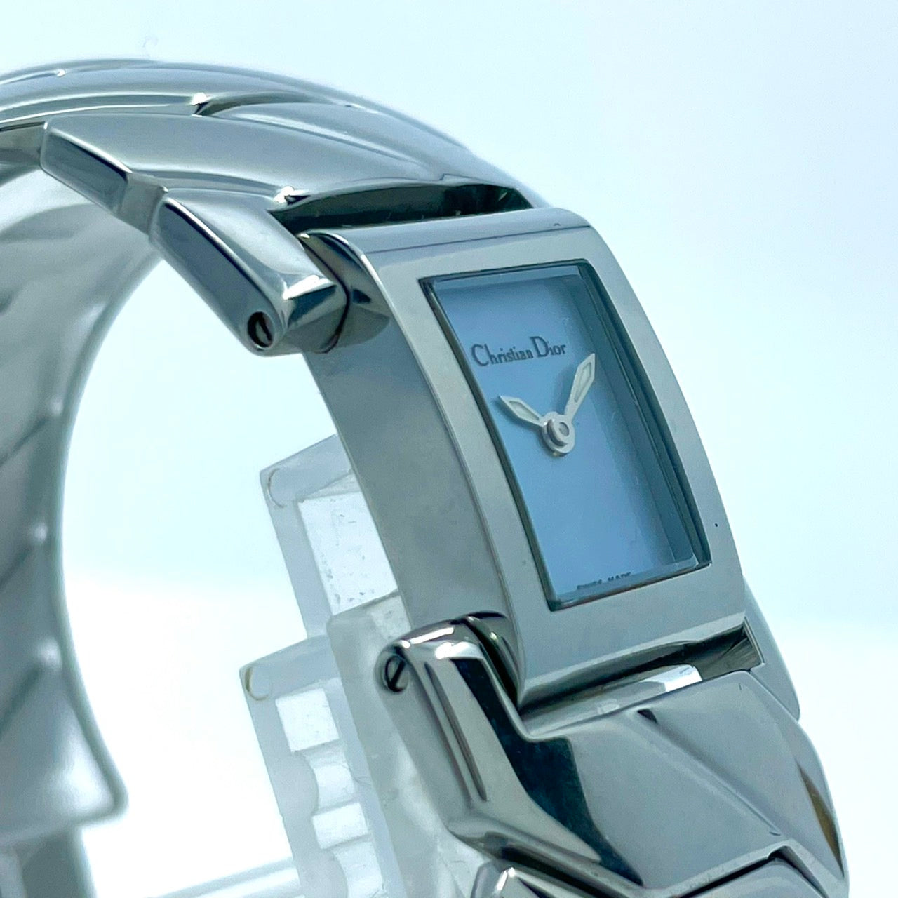 【稼働/美品】クリスチャンディオール 腕時計 D72-100 レディースウォッチ スクエア シルバー アイスブルー文字盤 クォーツ ブレスレットウォッチ エレガント ドレスウォッチ クラシック スイス製 高級ブランドウォッチ クリーニング済 G6