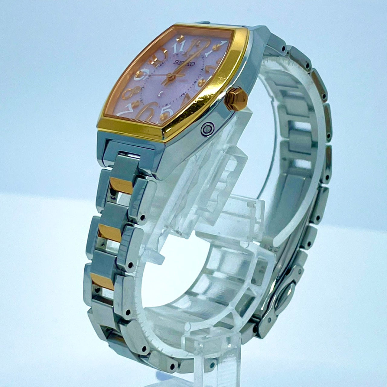 【稼働/美品】セイコー ルキア 3B51-0AE0 レディース 腕時計 ソーラー電波 トノー型 ピンク文字盤 シルバー ゴールド コンビ ステンレス エレガント クラシック ビジネス オフィス ファッションウォッチ クリーニング済 G6