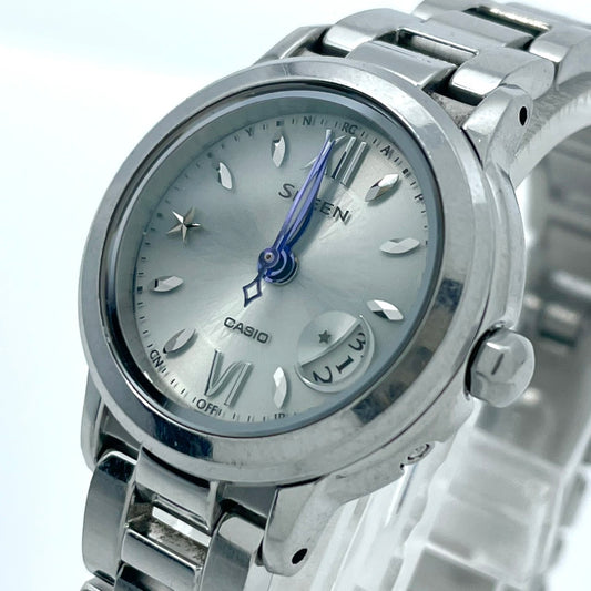 【稼働/美品】カシオ シーン 腕時計 SHW-1500 レディース ソーラー電波 シルバー ブルー針 デイト表示 星モチーフ ラウンド エレガント クラシック ビジネス オフィス ファッションウォッチ クリーニング済 G6