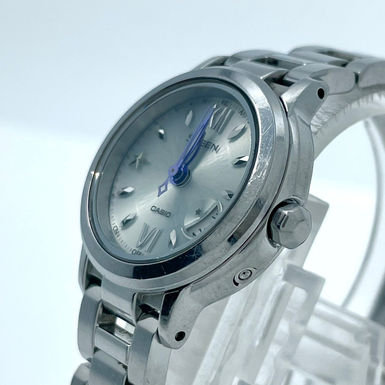 【稼働/美品】カシオ シーン 腕時計 SHW-1500 レディース ソーラー電波 シルバー ブルー針 デイト表示 星モチーフ ラウンド エレガント クラシック ビジネス オフィス ファッションウォッチ クリーニング済 G6