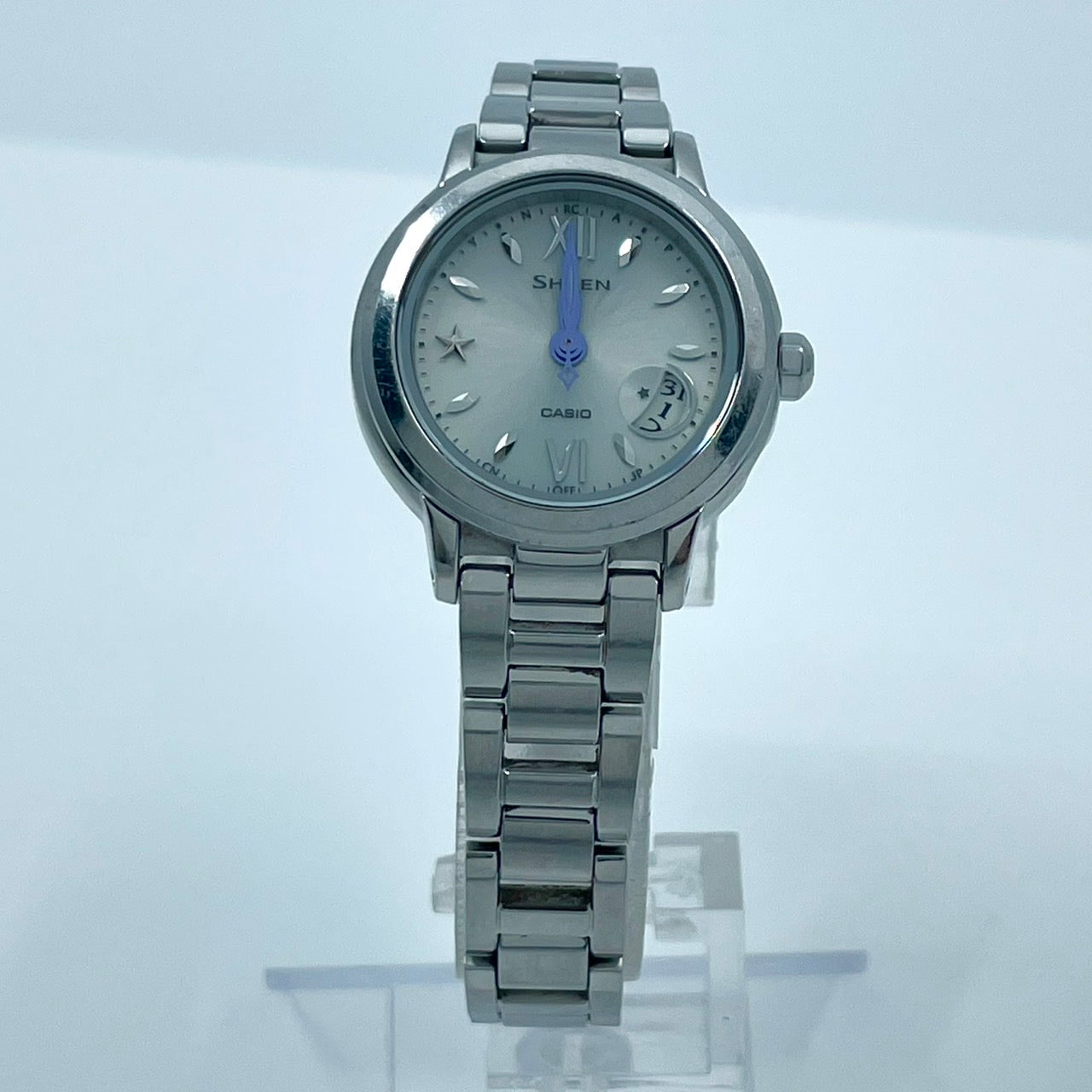 【稼働/美品】カシオ シーン 腕時計 SHW-1500 レディース ソーラー電波 シルバー ブルー針 デイト表示 星モチーフ ラウンド エレガント クラシック ビジネス オフィス ファッションウォッチ クリーニング済 G6