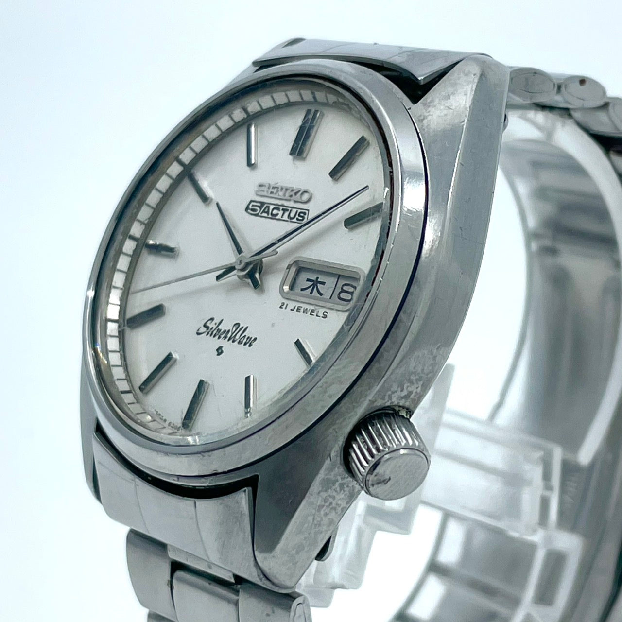 【稼働品／ビンテージ】セイコー 5アクタス シルバーウェーブ 6306-8000 腕時計 メンズ 自動巻き 21石 デイデイト 漢字曜日 シルバー文字盤 ラウンド アンティーク クラシック レトロ 希少モデル クリーニング済 G6