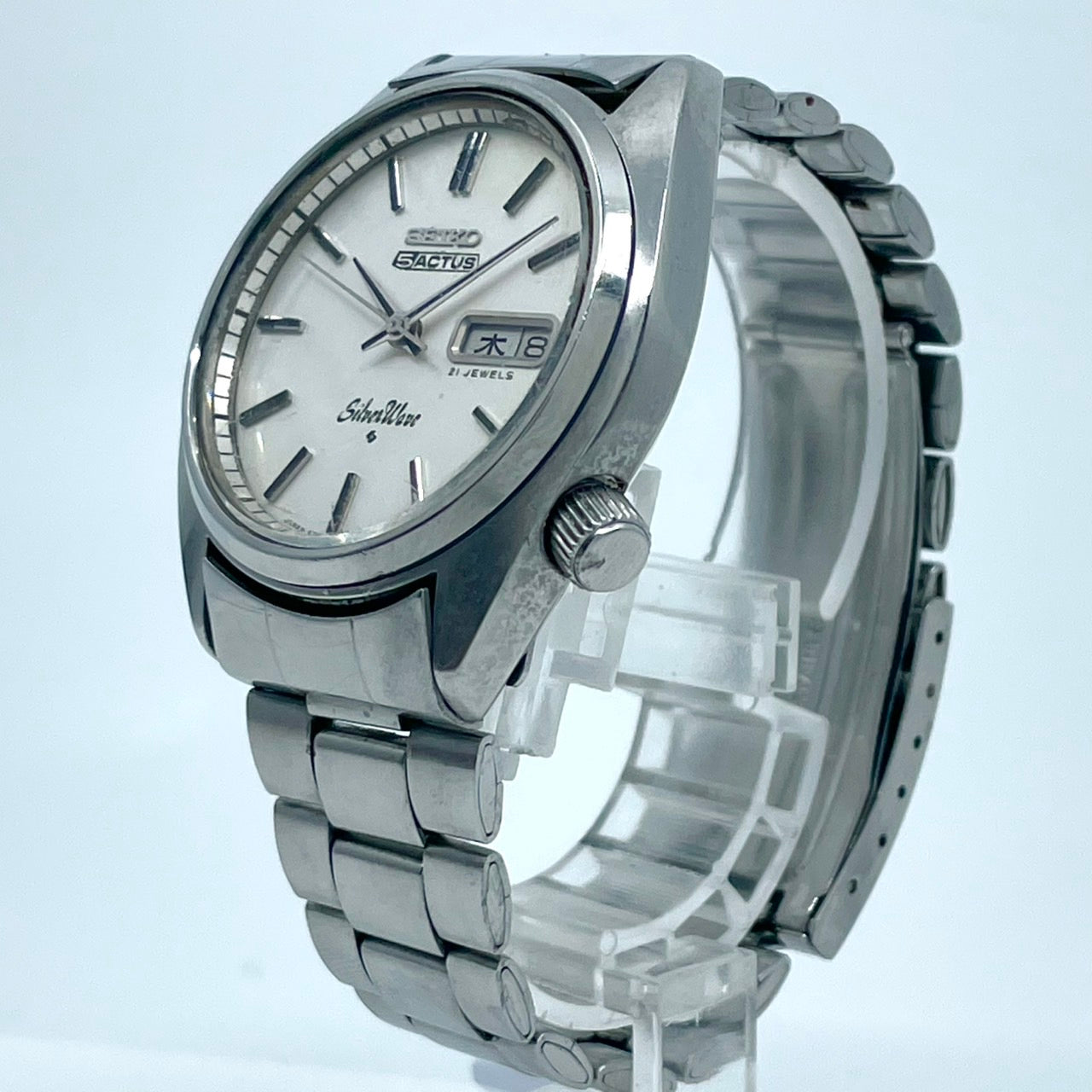 【稼働品／ビンテージ】セイコー 5アクタス シルバーウェーブ 6306-8000 腕時計 メンズ 自動巻き 21石 デイデイト 漢字曜日 シルバー文字盤 ラウンド アンティーク クラシック レトロ 希少モデル クリーニング済 G6