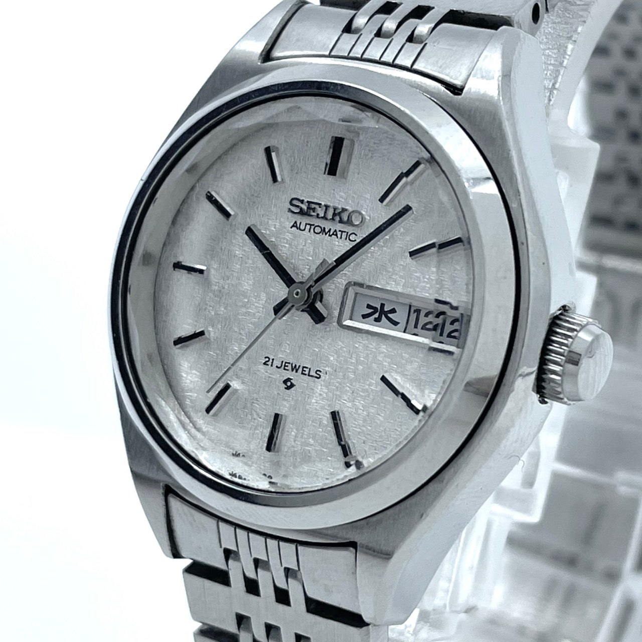 【稼働品】seiko セイコー 腕時計 2906-0110 レディース 自動巻き 21石 デイデイト 漢字曜日 シルバー文字盤 ラウンド アンティーク クラシック レトロ 希少モデル クリーニング済 G6