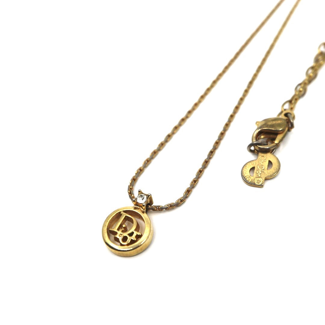 美品 Christian Dior クリスチャン ディオール ヴィンテージ ネックレス ロゴ CDロゴ サークル 一粒ストーン ペンダント ゴールドカラー アクセサリー ジュエリー アジャスター レディース I3