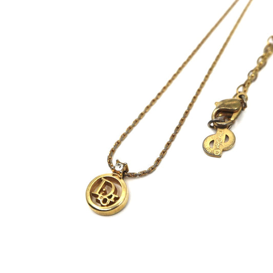 美品 Christian Dior クリスチャン ディオール ヴィンテージ ネックレス ロゴ CDロゴ サークル 一粒ストーン ペンダント ゴールドカラー アクセサリー ジュエリー アジャスター レディース I3