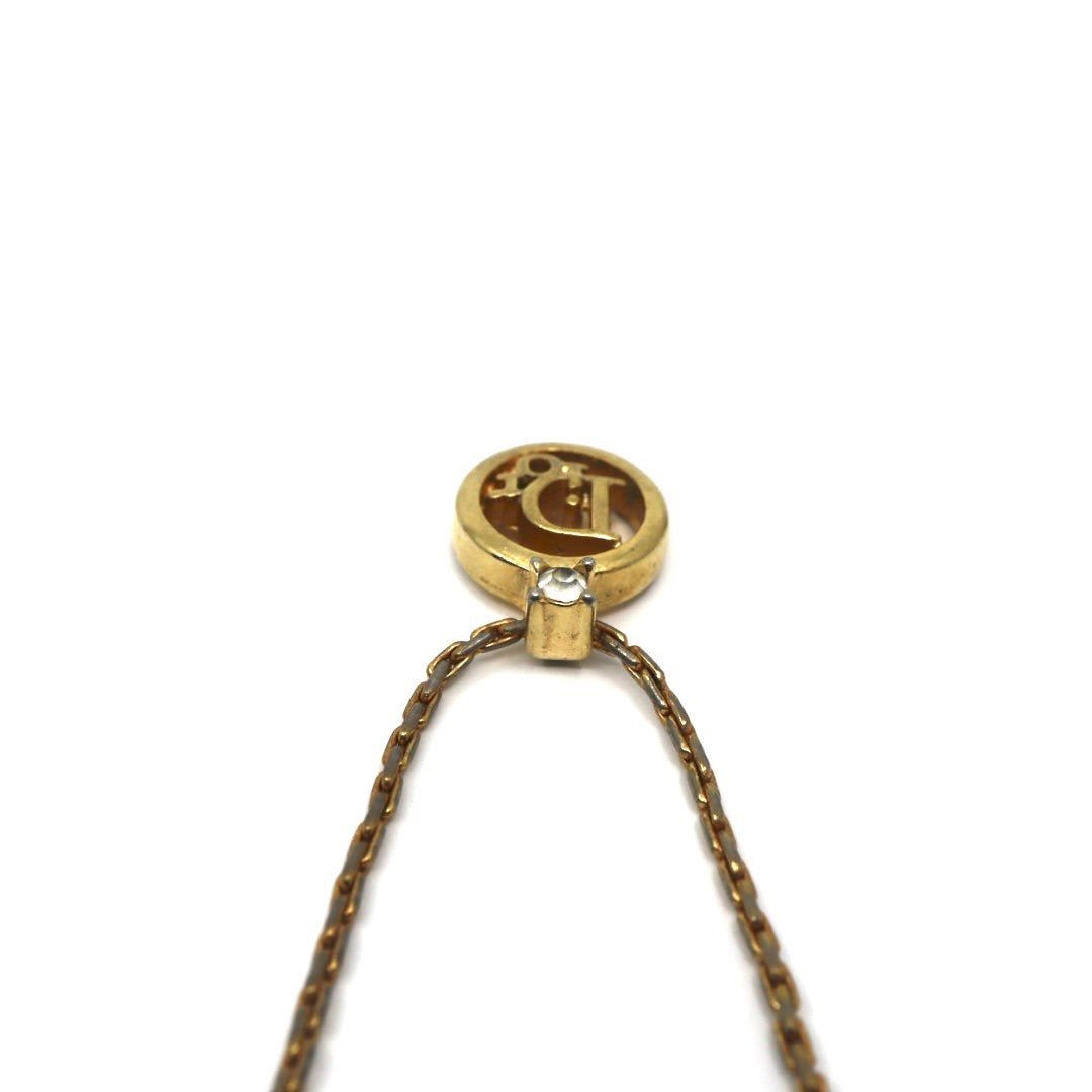 美品 Christian Dior クリスチャン ディオール ヴィンテージ ネックレス ロゴ CDロゴ サークル 一粒ストーン ペンダント ゴールドカラー アクセサリー ジュエリー アジャスター レディース I3
