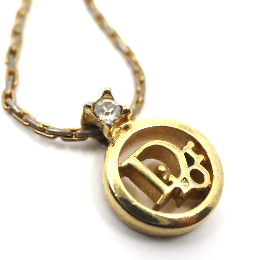 美品 Christian Dior クリスチャン ディオール ヴィンテージ ネックレス ロゴ CDロゴ サークル 一粒ストーン ペンダント ゴールドカラー アクセサリー ジュエリー アジャスター レディース I3