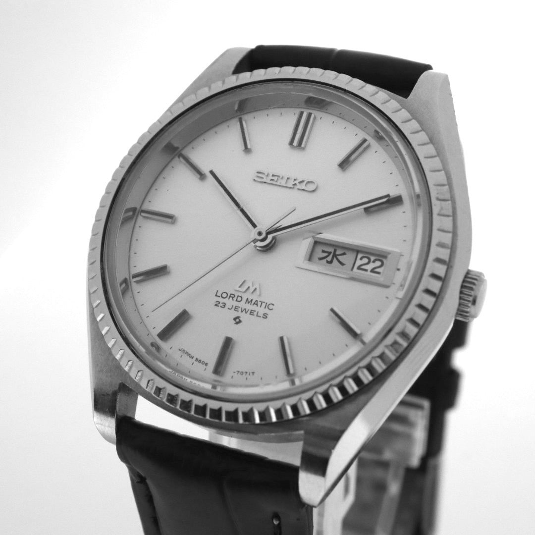 【稼働品/新品ベルト】 seiko セイコー ロードマチック 5606-7080 自動巻き 23石 腕時計 メンズ デイデイト 漢字曜日 シルバー文字盤 フル―テッドベゼル ビンテージ アンティーク クラシック ドレスウォッチ クリーニング済 G1
