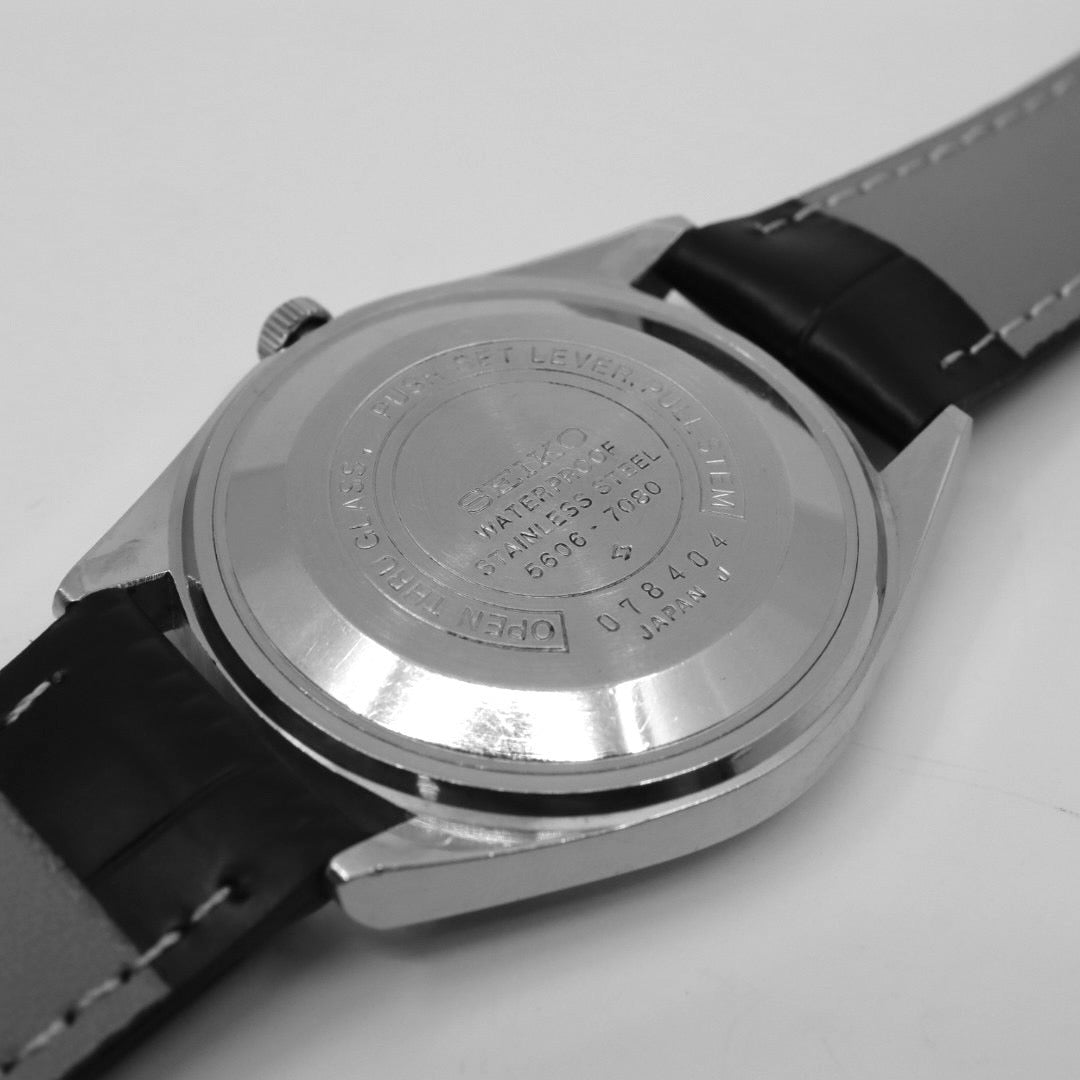 【稼働品/新品ベルト】 seiko セイコー ロードマチック 5606-7080 自動巻き 23石 腕時計 メンズ デイデイト 漢字曜日 シルバー文字盤 フル―テッドベゼル ビンテージ アンティーク クラシック ドレスウォッチ クリーニング済 G1