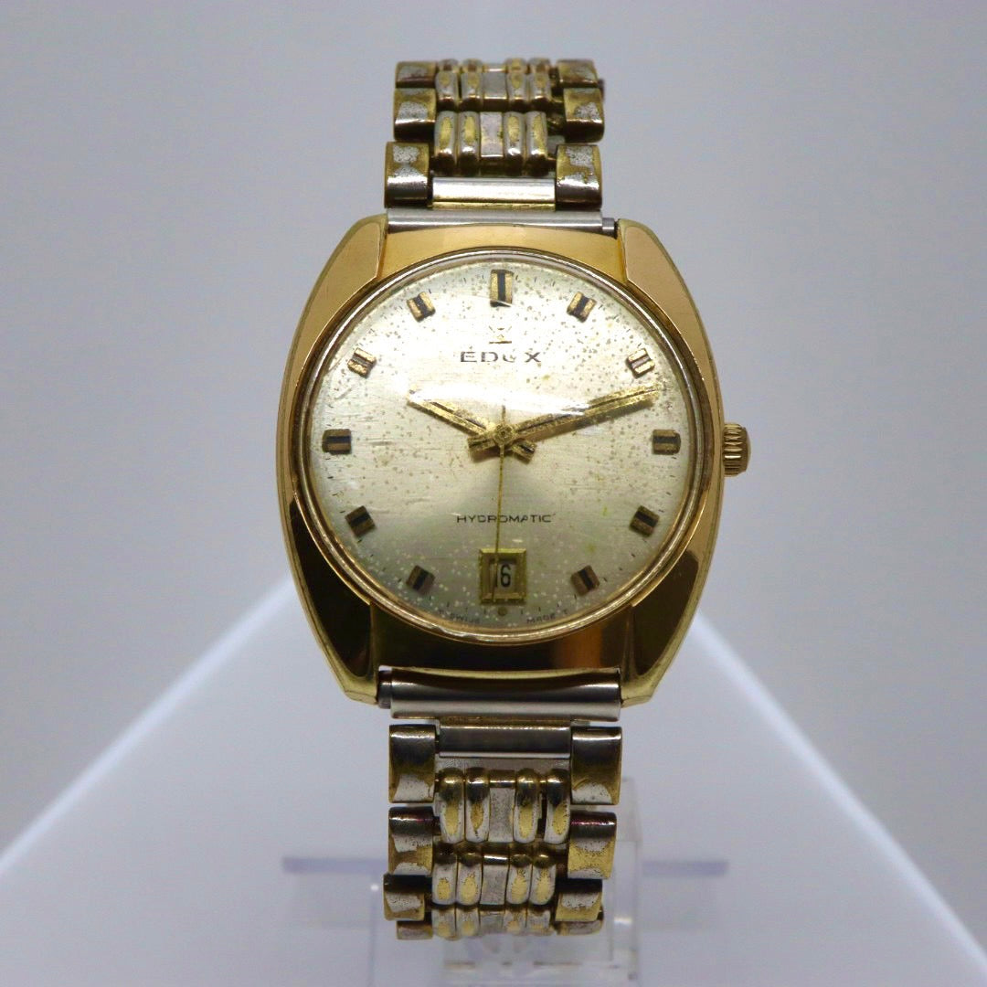 【希少品/稼働品/ヴィンテージ】エドックス EDOX ハイドロマチック 腕時計 メンズ 自動巻き ゴールド シルバー コンビ デイト表示 ラウンド アナログ アンティーク クラシック レトロ スイス製 希少モデル クリーニング済 G1