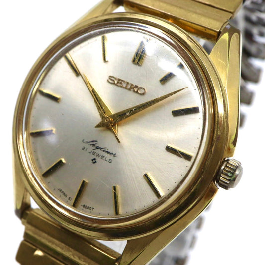 【稼働品／ヴィンテージ】 SEIKO セイコー スカイライナー 腕時計 6100-8000 メンズ 手巻き 21石 ゴールド文字盤 アナログ ラウンド ドレスウォッチ アンティーク クラシック レトロ 希少モデル クリーニング済 G1