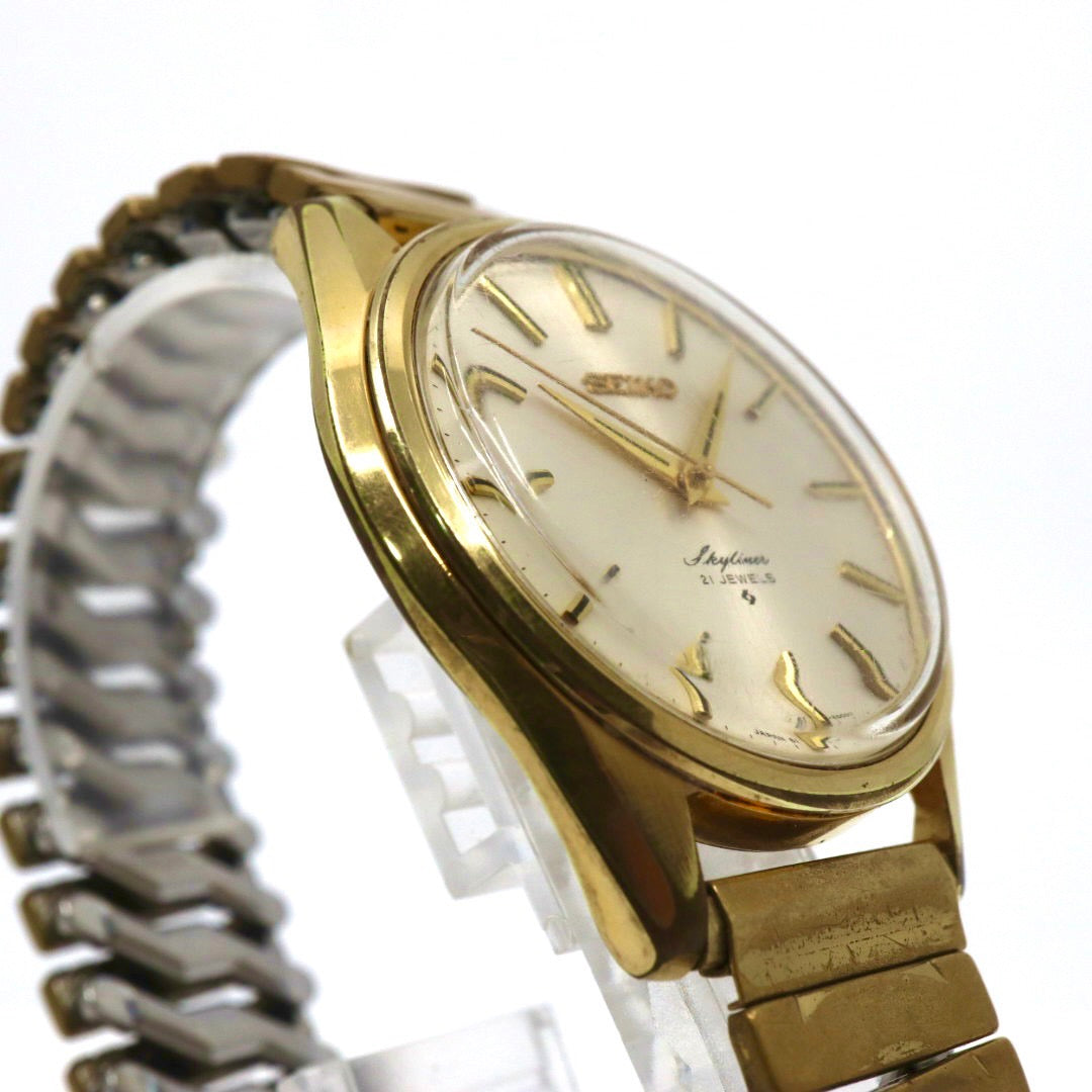 【稼働品／ヴィンテージ】 SEIKO セイコー スカイライナー 腕時計 6100-8000 メンズ 手巻き 21石 ゴールド文字盤 アナログ ラウンド ドレスウォッチ アンティーク クラシック レトロ 希少モデル クリーニング済 G1