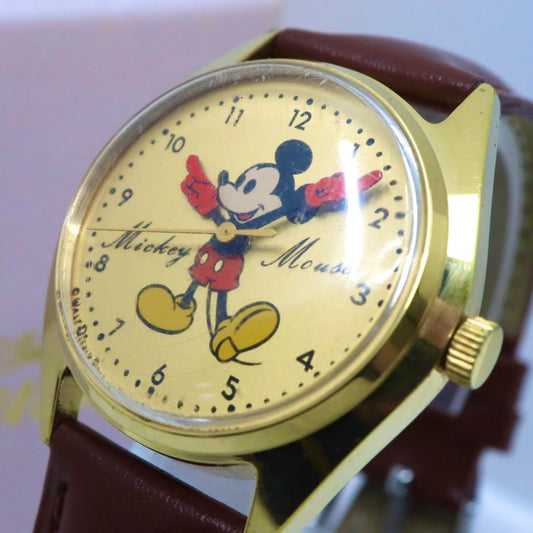 稼働品 箱付 ディズニー ミッキーマウス 腕時計 メンズ 手巻き 5000-6030 ゴールド文字盤 ブラウンレザーベルト 希少 レア ビンテージ アンティーク レトロ クラシック キャラクターウォッチ クリーニング済 G