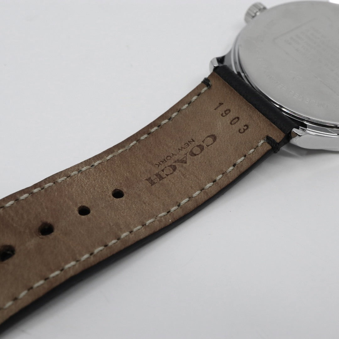 美品 コーチ COACH 腕時計 バクスターウォッチ シグネチャー 黒文字盤 レザーベルト クォーツ アナログ メンズ レディース ブラック 3気圧防水 稼働品 電池交換済 CA.118.2.112.1640 G1