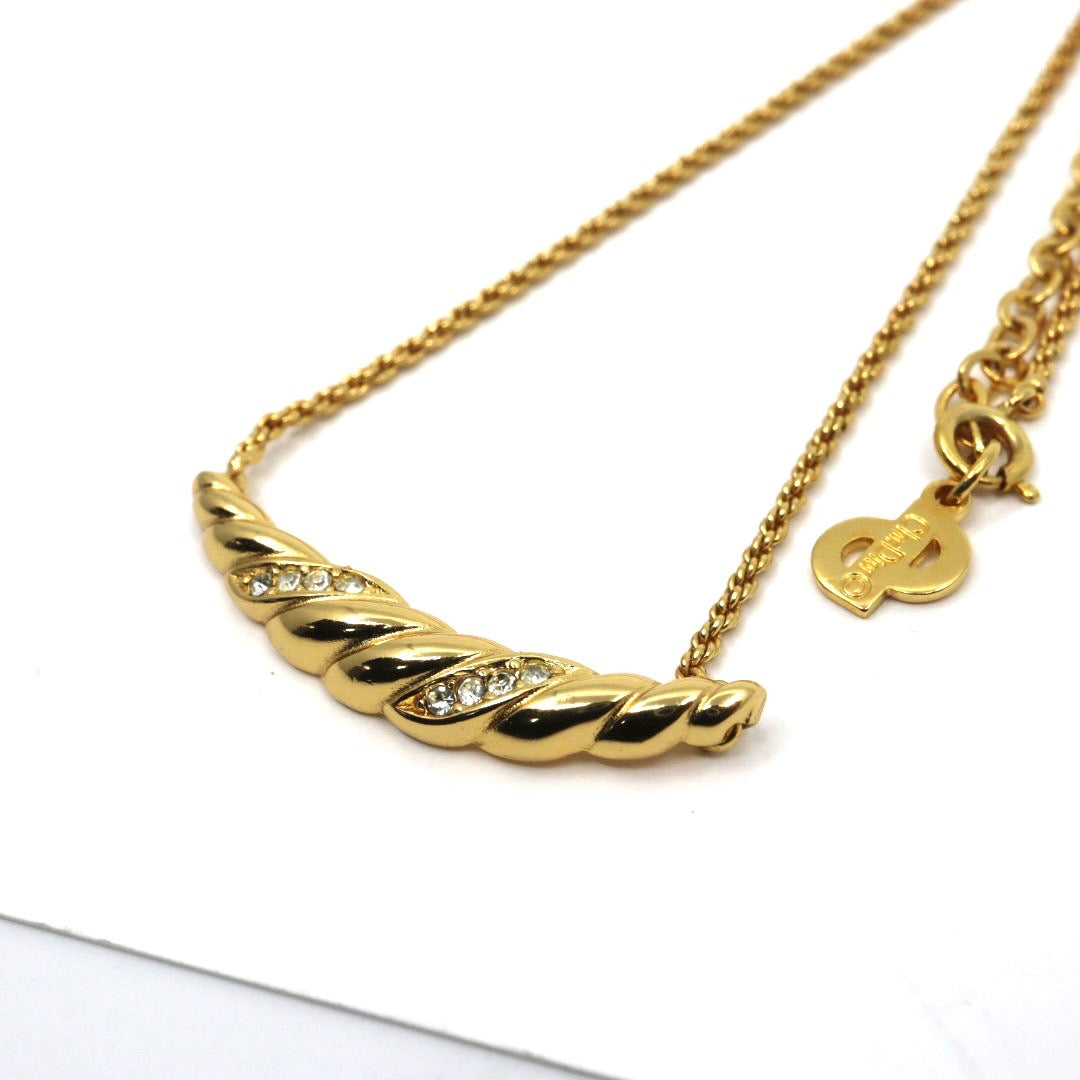 クリスチャンディオール Christian Dior ヴィンテージ ネックレス 金 ゴールド ツイスト バー ラインストーン アクセサリー I6