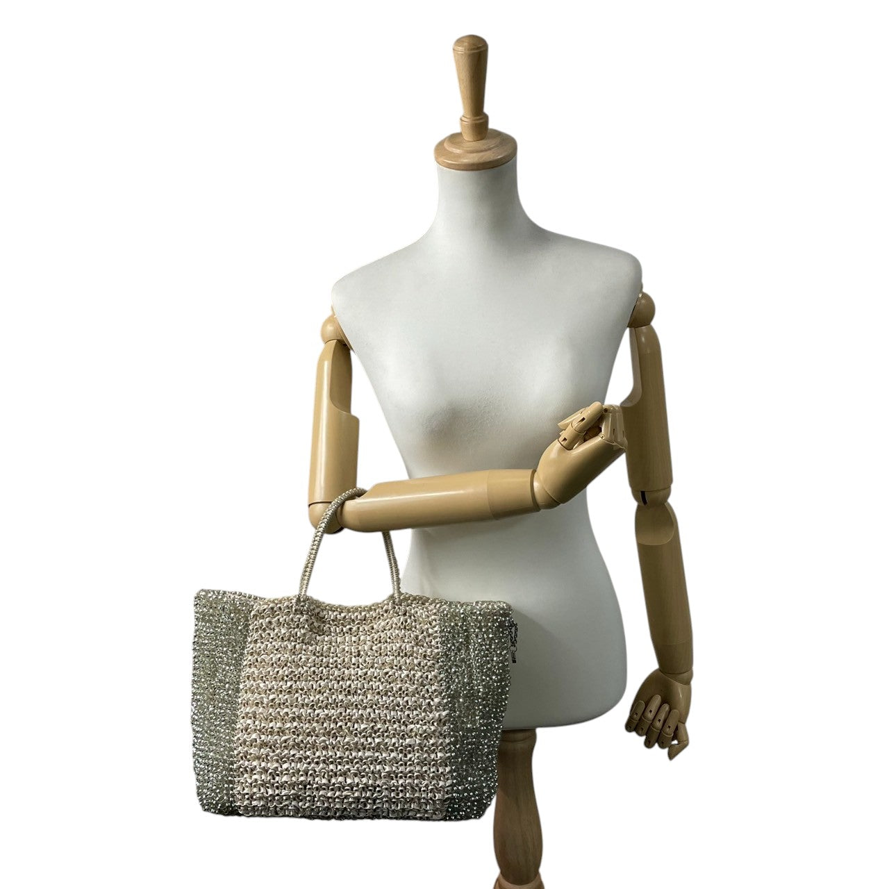 美品 アンテプリマ ANTEPRIMA ワイヤーバッグ トートバッグ ハンドバッグ バイカラー グリーン シルバー系 PVCワイヤー キラキラ 手編み レディース エレガント フェミニン パーティーバッグ デイリーユース 大容量 クリーニング済み s39