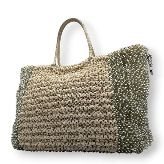 美品 アンテプリマ ANTEPRIMA ワイヤーバッグ トートバッグ ハンドバッグ バイカラー グリーン シルバー系 PVCワイヤー キラキラ 手編み レディース エレガント フェミニン パーティーバッグ デイリーユース 大容量 クリーニング済み s39