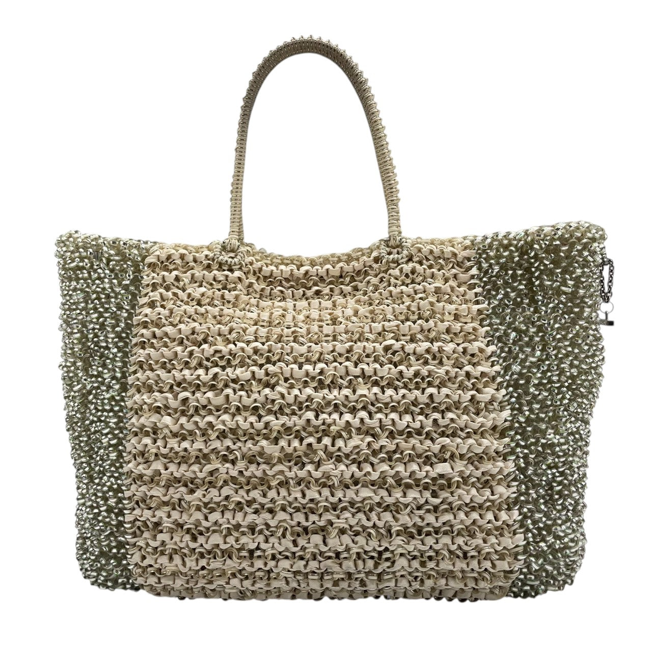 美品 アンテプリマ ANTEPRIMA ワイヤーバッグ トートバッグ ハンドバッグ バイカラー グリーン シルバー系 PVCワイヤー キラキラ 手編み レディース エレガント フェミニン パーティーバッグ デイリーユース 大容量 クリーニング済み s39