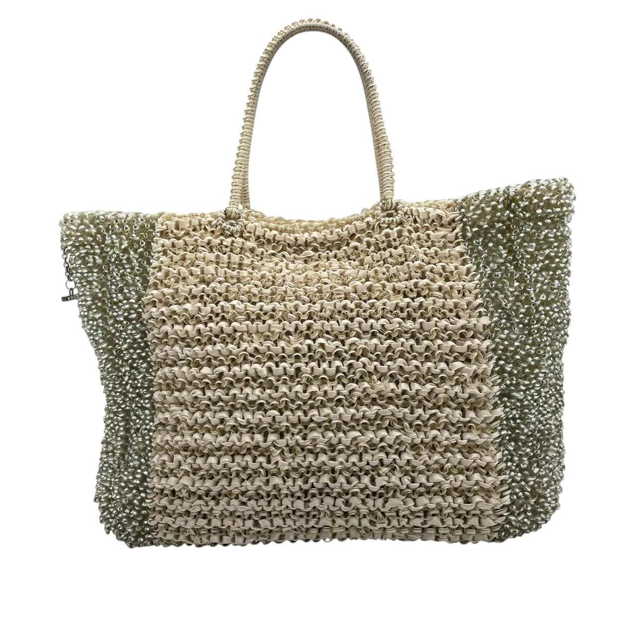 美品 アンテプリマ ANTEPRIMA ワイヤーバッグ トートバッグ ハンドバッグ バイカラー グリーン シルバー系 PVCワイヤー キラキラ 手編み レディース エレガント フェミニン パーティーバッグ デイリーユース 大容量 クリーニング済み s39