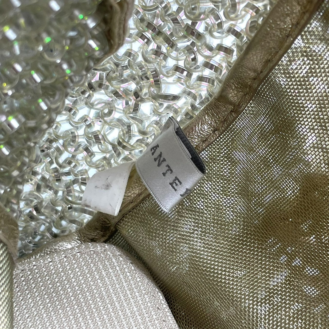 美品 アンテプリマ ANTEPRIMA ワイヤーバッグ トートバッグ ハンドバッグ バイカラー グリーン シルバー系 PVCワイヤー キラキラ 手編み レディース エレガント フェミニン パーティーバッグ デイリーユース 大容量 クリーニング済み s39