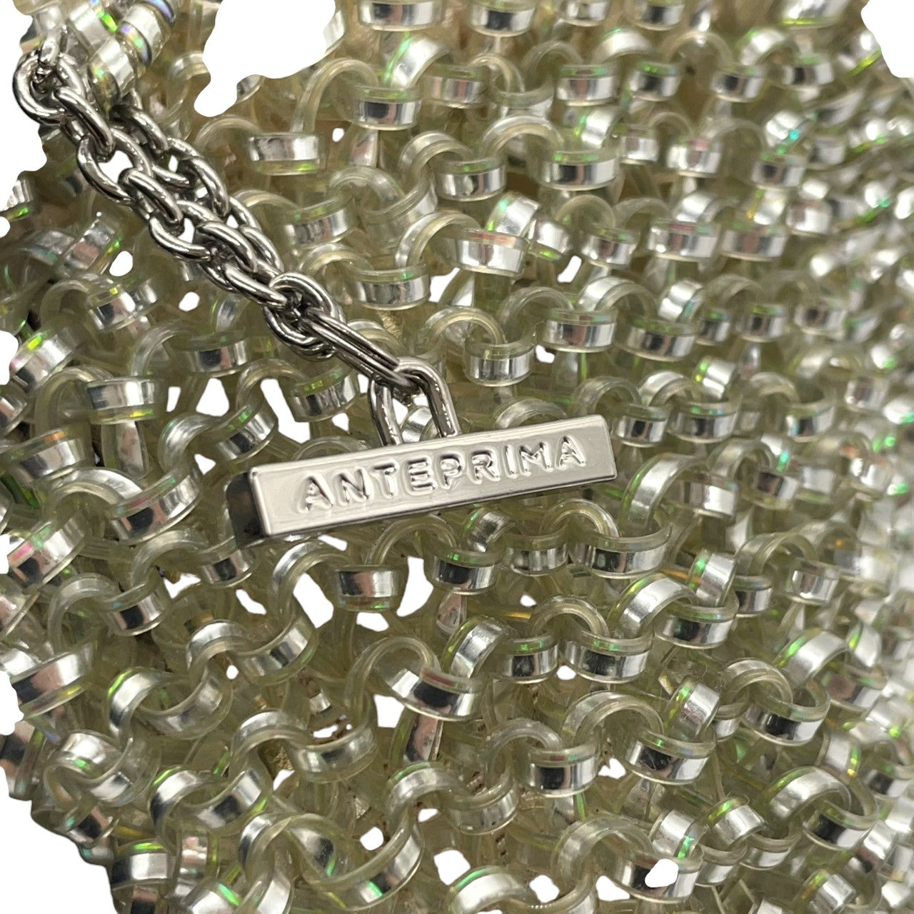 美品 アンテプリマ ANTEPRIMA ワイヤーバッグ トートバッグ ハンドバッグ バイカラー グリーン シルバー系 PVCワイヤー キラキラ 手編み レディース エレガント フェミニン パーティーバッグ デイリーユース 大容量 クリーニング済み s39