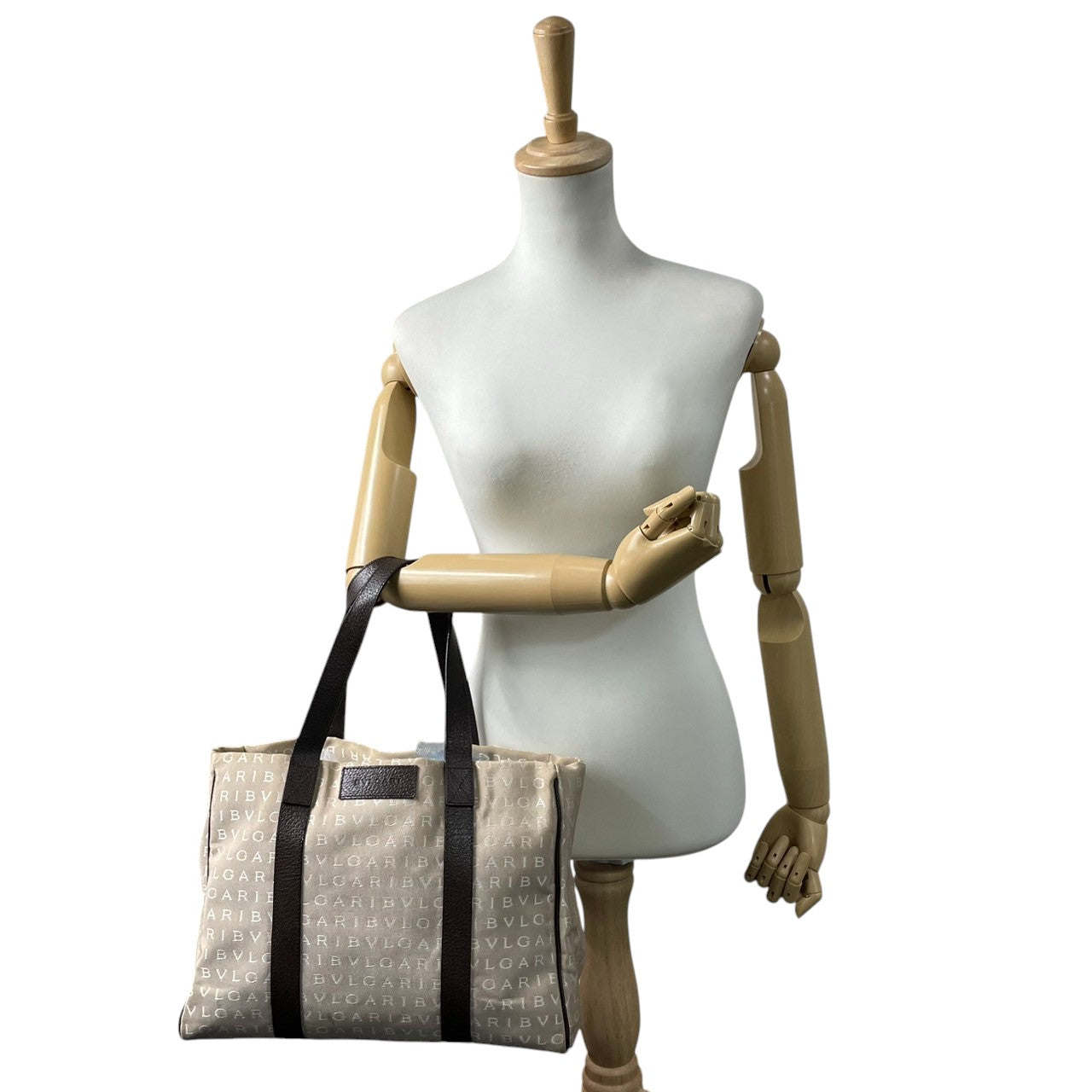 BVLGARI ブルガリ トートバッグ ロゴマニア ハンドバッグ キャンバス レザー ベージュ ブラウン レディース 大容量 A4収納可 肩掛け可 ワンショルダー ビジネス 通勤 通学 高級 クラシック エレガント 定番 人気モデル クリーニング済み A5