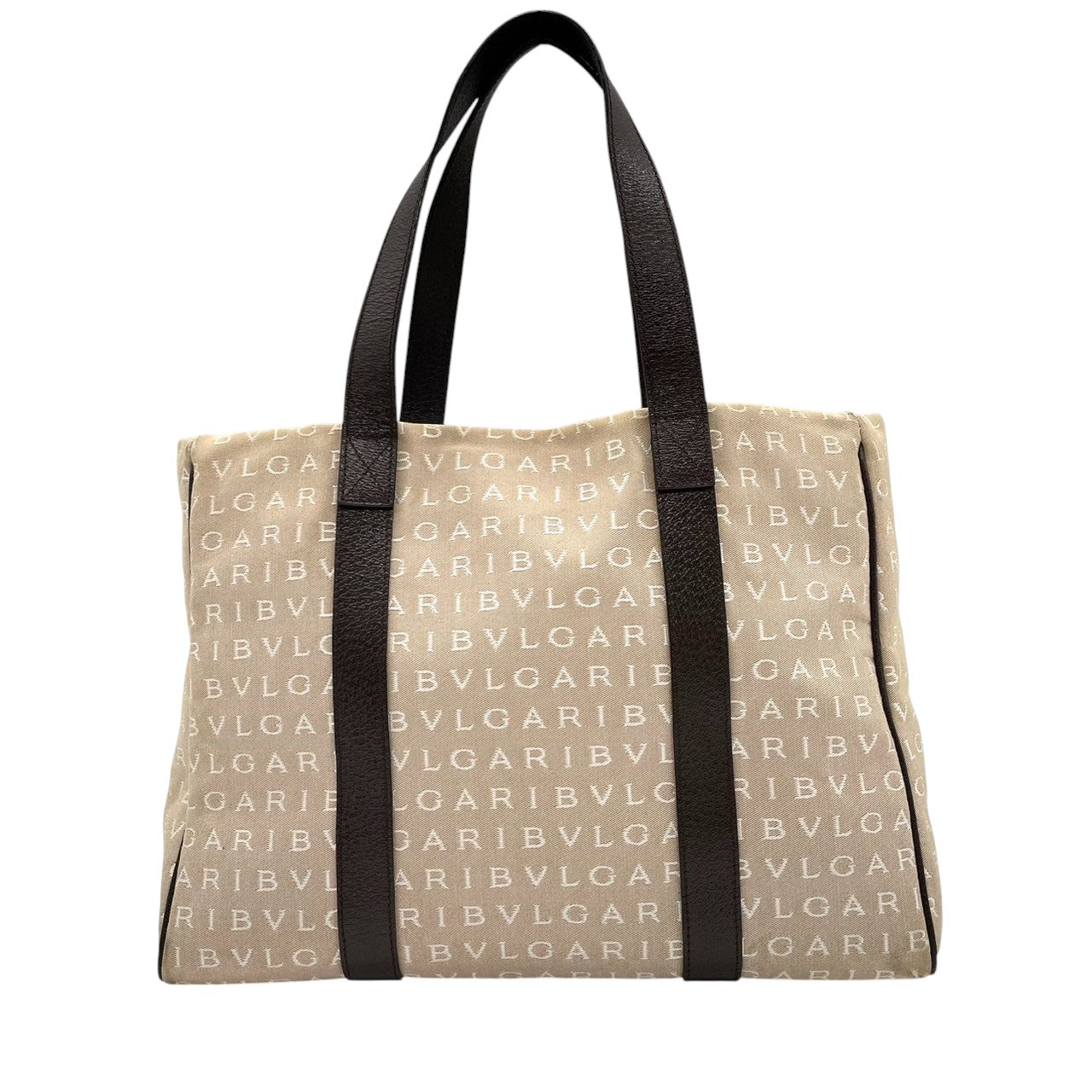 BVLGARI ブルガリ トートバッグ ロゴマニア ハンドバッグ キャンバス レザー ベージュ ブラウン レディース 大容量 A4収納可 肩掛け可 ワンショルダー ビジネス 通勤 通学 高級 クラシック エレガント 定番 人気モデル クリーニング済み A5