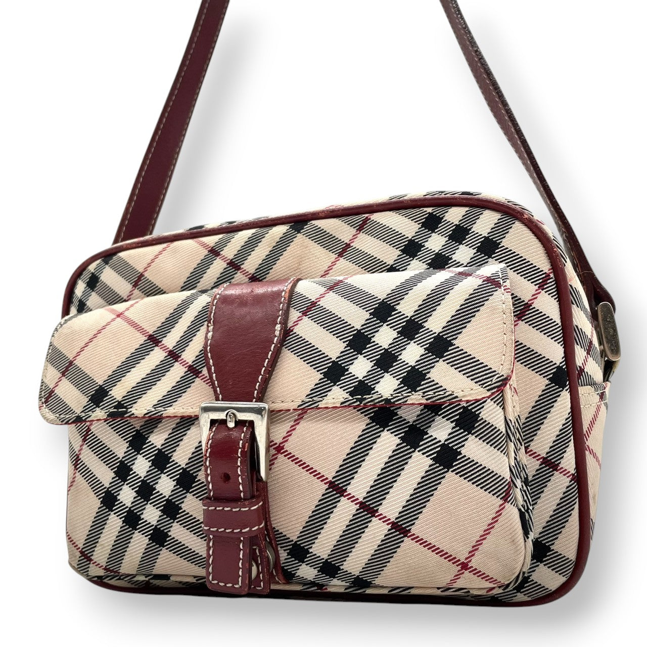 バーバリーブルーレーベル ショルダーバッグ ポシェット ノバチェック キャンバス レザー ベージュ ボルドー レディース 斜め掛け可 クラシック 定番 コンパクト カメラバッグ ミニバッグ エレガント クリーニング済み s43