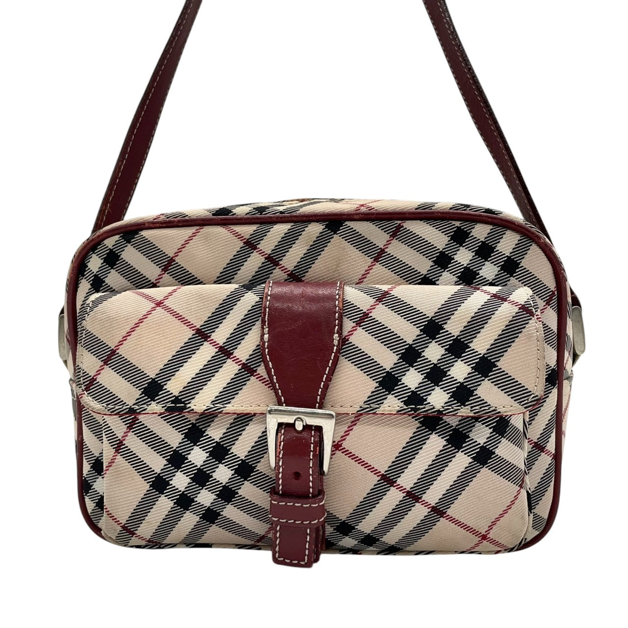 バーバリーブルーレーベル ショルダーバッグ ポシェット ノバチェック キャンバス レザー ベージュ ボルドー レディース 斜め掛け可 クラシック 定番 コンパクト カメラバッグ ミニバッグ エレガント クリーニング済み s43