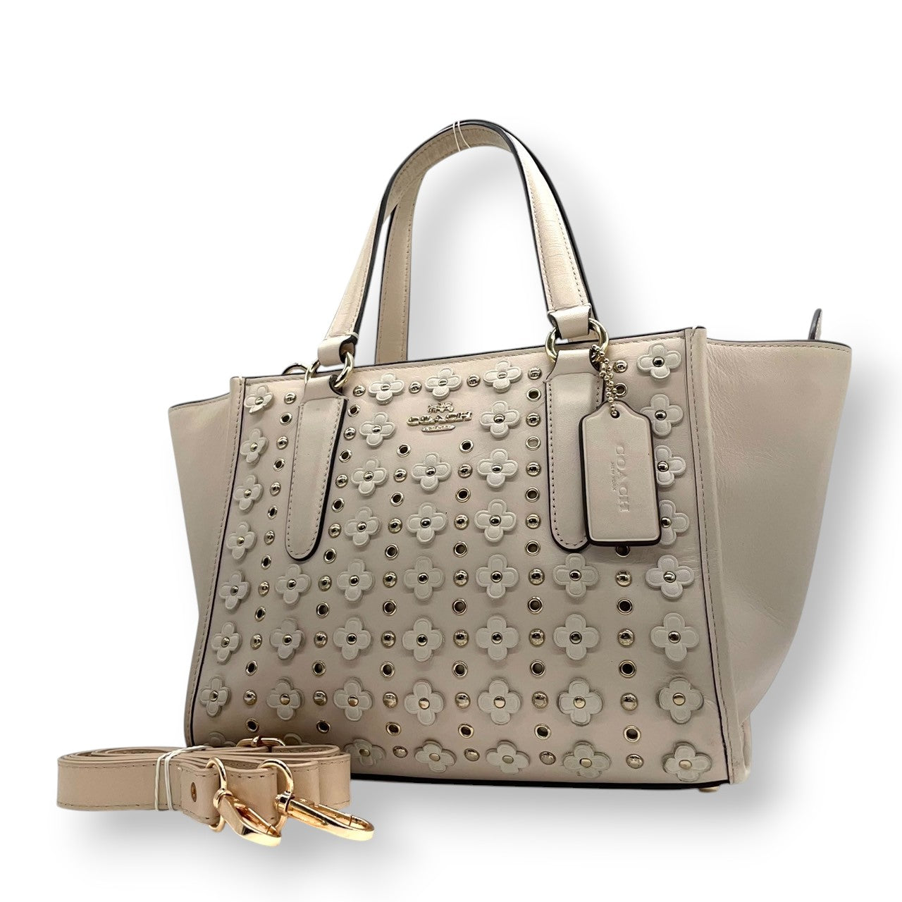 COACH コーチ 2WAYバッグ 37703 チャーリーキャリーオール ハンドバッグ ショルダーバッグ レザー アイボリー ティーローズ フラワー スタッズ レディース 斜め掛け可 フェミニン エレガント デイリーユース 人気モデル クリーニング済み s38