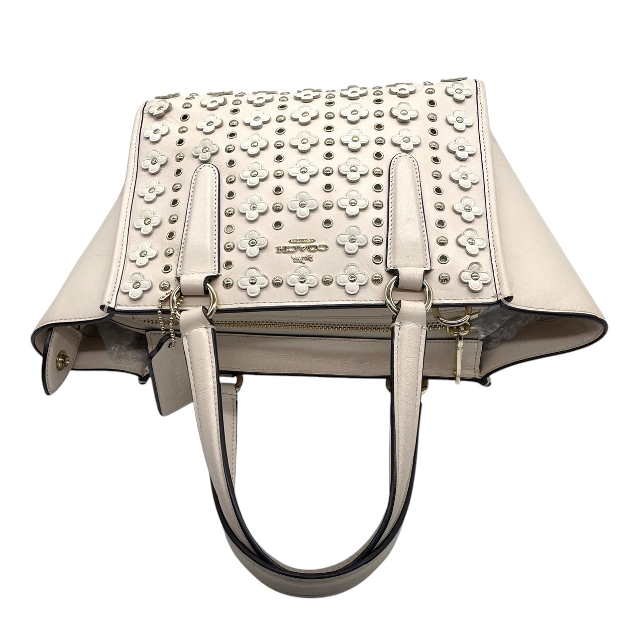COACH コーチ 2WAYバッグ 37703 チャーリーキャリーオール ハンドバッグ ショルダーバッグ レザー アイボリー ティーローズ フラワー スタッズ レディース 斜め掛け可 フェミニン エレガント デイリーユース 人気モデル クリーニング済み s38