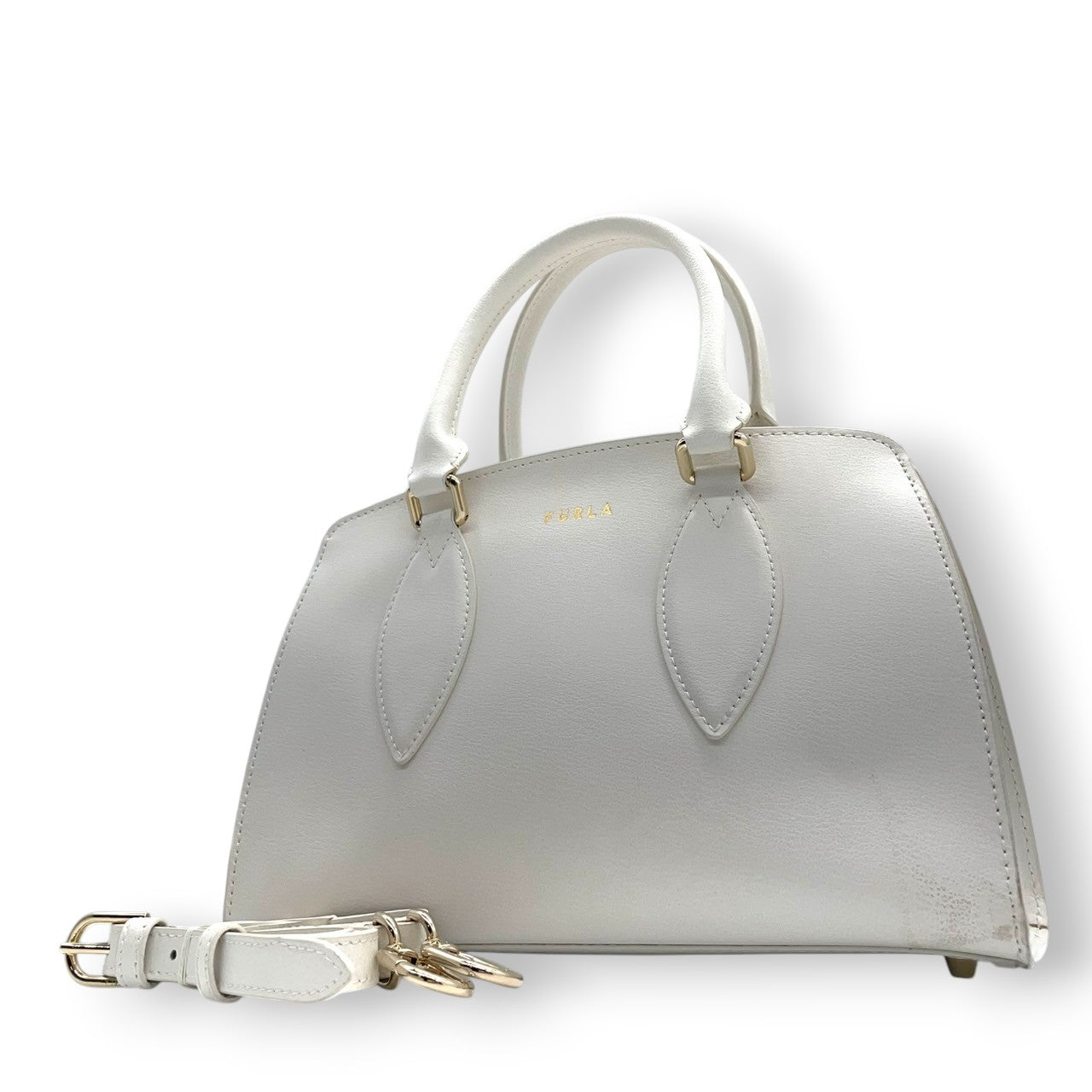 FURLA フルラ 2WAY ハンドバッグ ショルダーバッグ レザー ホワイト 白 レディース 斜め掛け可 自立可 ゴールド金具 エレガント フェミニン フォーマル 通勤 デイリーユース 人気モデル クリーニング済み s28